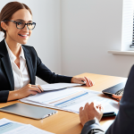 A career counselor in a brightly lit office, warmly engaging with a client across a desk. Focus on empathy and active listening. Include career-related documents and a modern laptop in the scene.