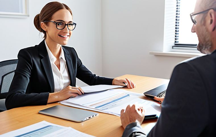 A career counselor in a brightly lit office, warmly engaging with a client across a desk. Focus on empathy and active listening. Include career-related documents and a modern laptop in the scene.