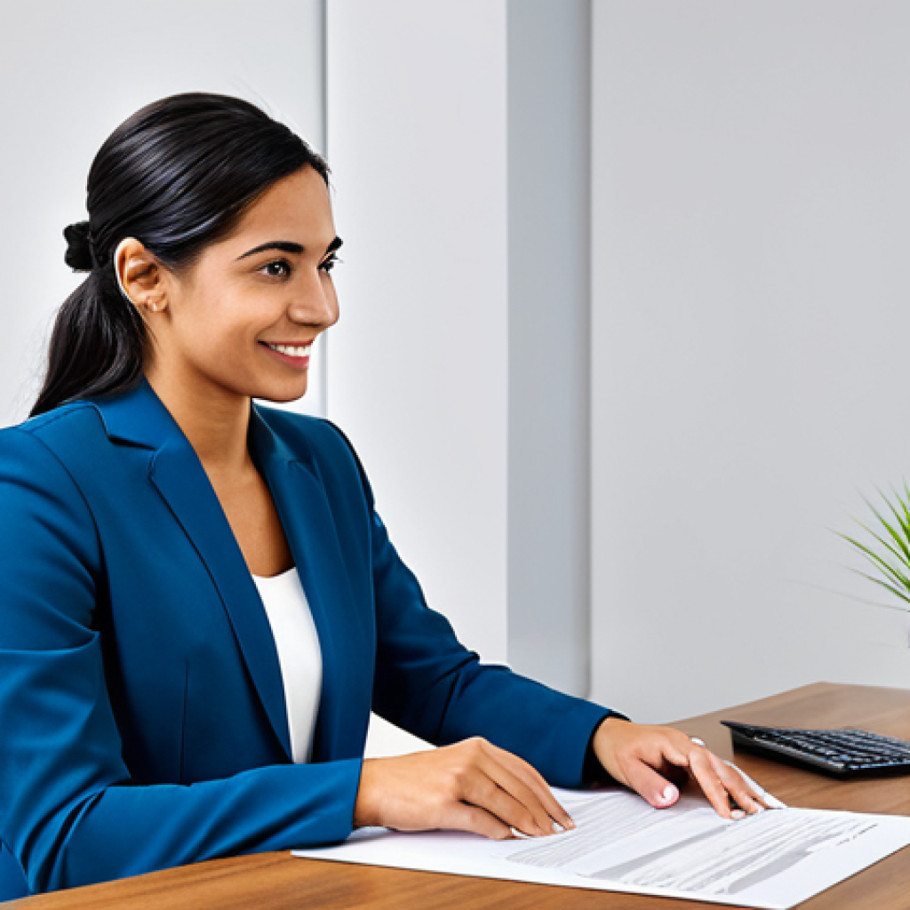 직업상담사 취업준비생 인터뷰 - "A professional female career counselor in a modest office setting, fully clothed, appropriate attir...