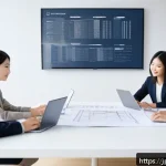 직업상담사와 기업 니즈 분석 - A modern Japanese office scene showing diverse professionals collaborating around a sleek conference...