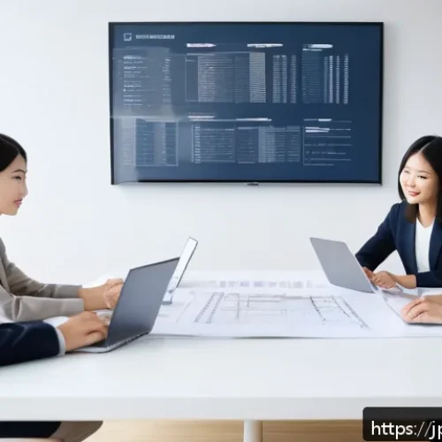 직업상담사와 기업 니즈 분석 - A modern Japanese office scene showing diverse professionals collaborating around a sleek conference...