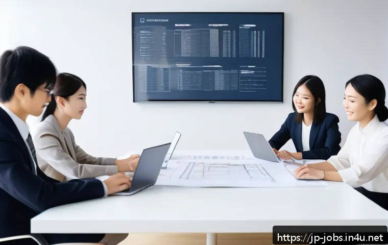 직업상담사와 기업 니즈 분석 - A modern Japanese office scene showing diverse professionals collaborating around a sleek conference...