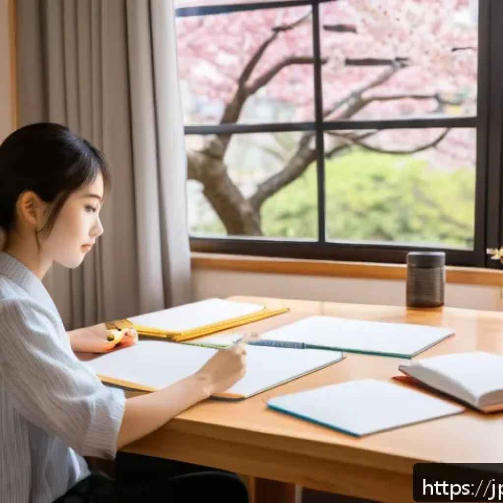 직업상담사 실기 대비 스터디 - A modern Japanese study room with a young adult man and woman sitting at a wooden table, surrounded ...