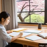 직업상담사 실기 대비 스터디 - A modern Japanese study room with a young adult man and woman sitting at a wooden table, surrounded ...