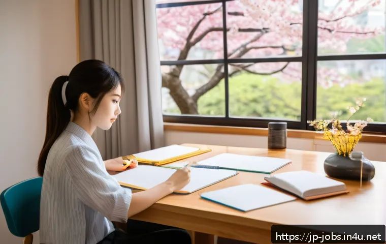 직업상담사 실기 대비 스터디 - A modern Japanese study room with a young adult man and woman sitting at a wooden table, surrounded ...