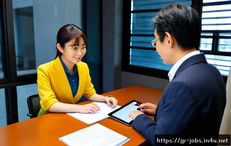 직업상담사와 공공기관 진출 - Photorealistic career counselor in a bright modern public employment office, warmly advising a Japan...